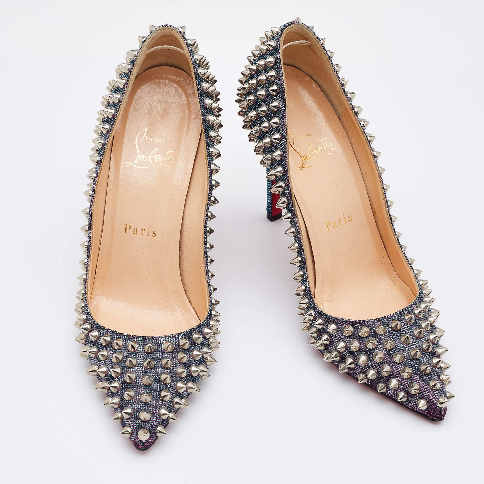 Brown Christian Louboutin Multicolor Holographic Pigalle Spikes Pumps Size 37