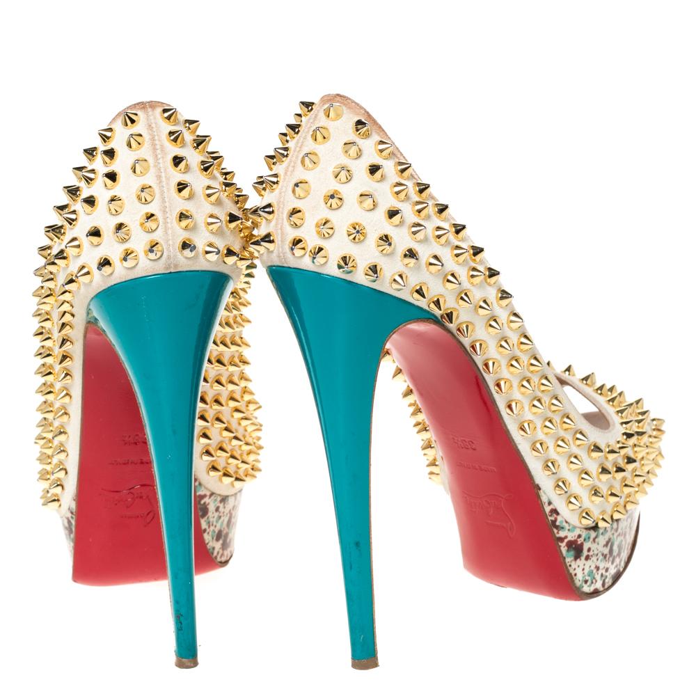 Christian Louboutin Multicolor Lady Peep Toe Spikes Platform Pumps Size 38.5 In Fair Condition For Sale In Dubai, Al Qouz 2