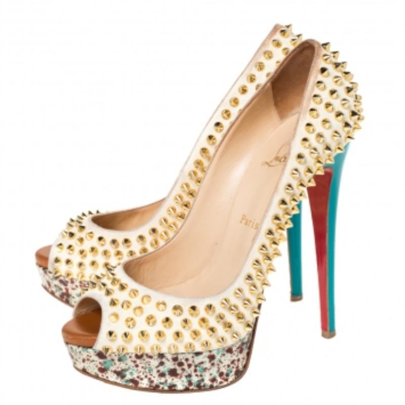 Christian Louboutin Multicolor Lady Peep Toe Spikes Plateau Pumps Größe 38.5 im Angebot 2
