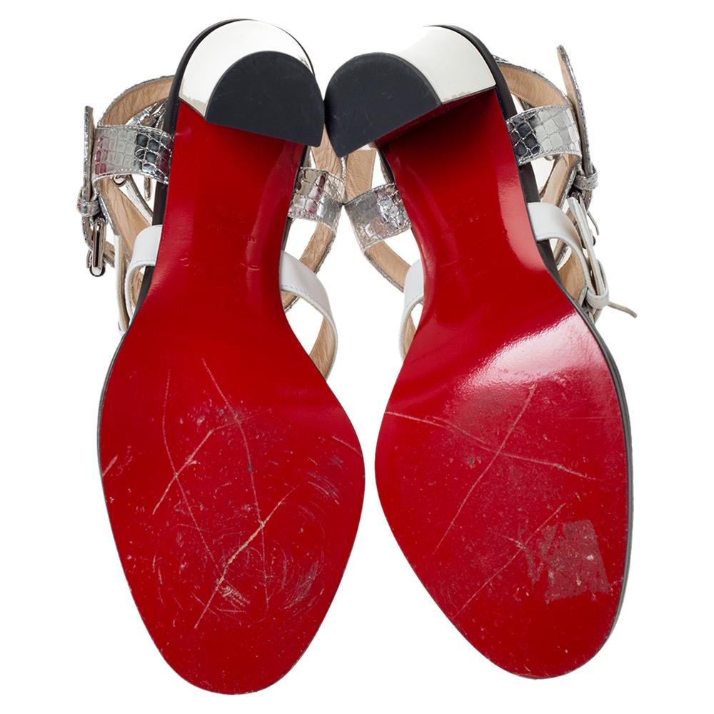 Christian Louboutin Multicolor Leather And Patent Block Heel Sandals  Size 37.5 In Good Condition In Dubai, Al Qouz 2