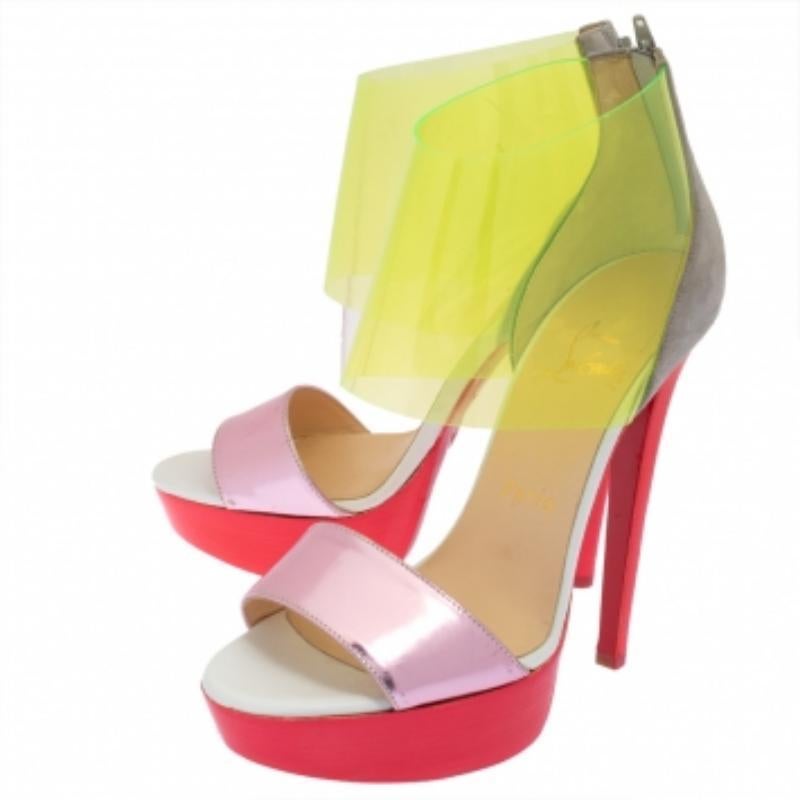 These Dufoura sandals from the house of Christian Louboutin will complement your outfits flawlessly Set on slender heels and solid platforms, this multicolor pair features a leather frontal strap and PVC ankle straps joining the zipped counters.