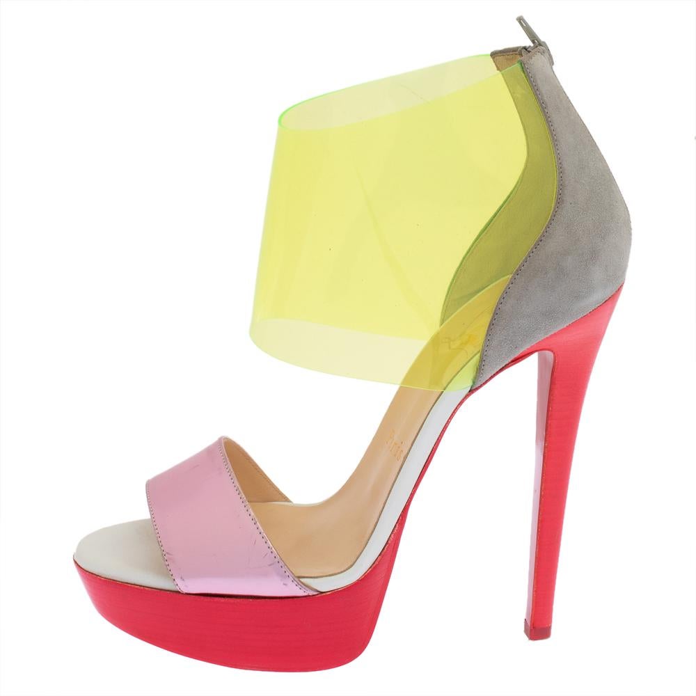 These Dufoura sandals from the house of Christian Louboutin will complement your outfits flawlessly Set on slender heels and solid platforms, this multicolor pair features a leather frontal strap and PVC ankle straps joining the zipped