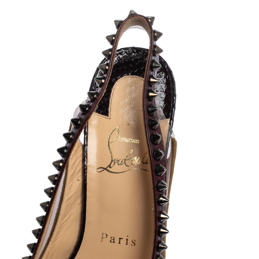 Captivating and fashionable, these pumps from Christian Louboutin are born to enchant and they look absolutely breathtaking. They are crafted from PVC with python leather cap toes, suede and leather trims, and 10 cm heels. They are complete with