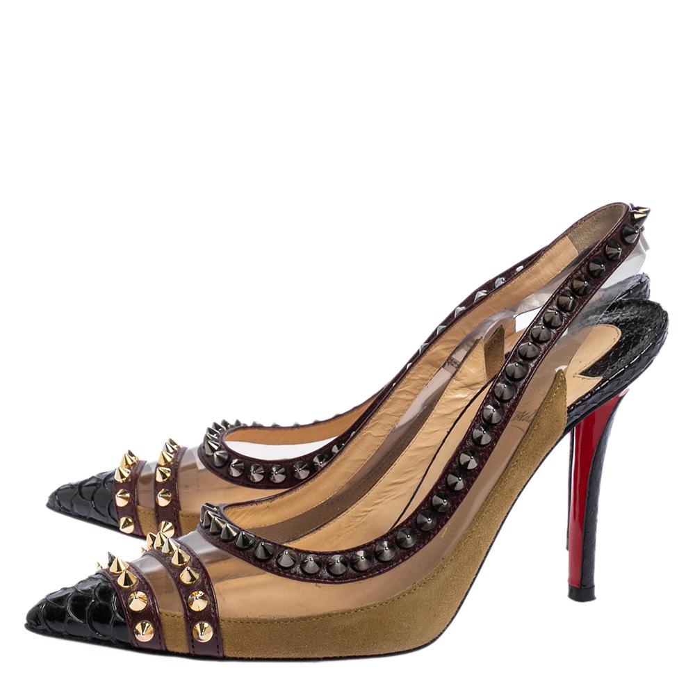 Christian Louboutin Multicolor Leather And PVC Studded Slingback Pumps Size 35 2