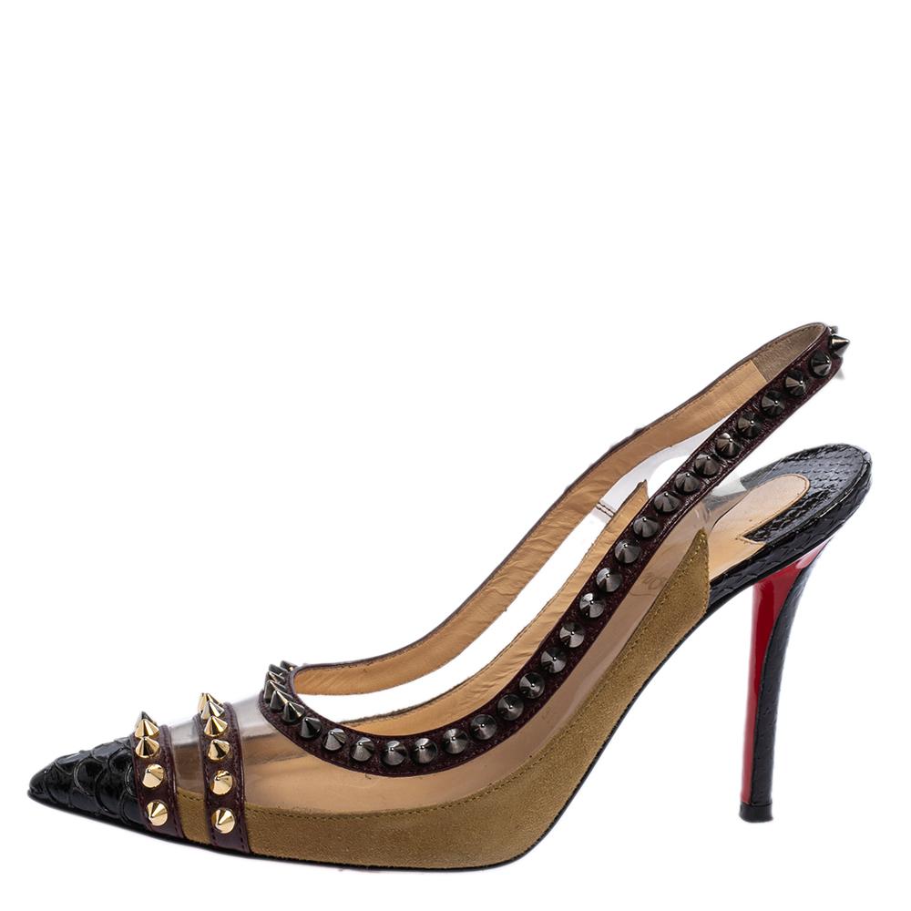 Christian Louboutin Multicolor Leather And PVC Studded Slingback Pumps Size 35 3
