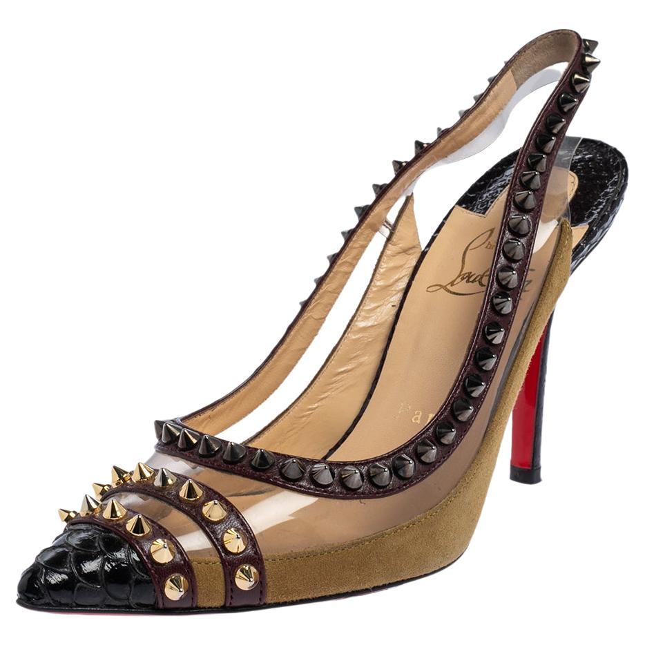 Christian Louboutin Multicolor Leather And PVC Studded Slingback Pumps Size 35