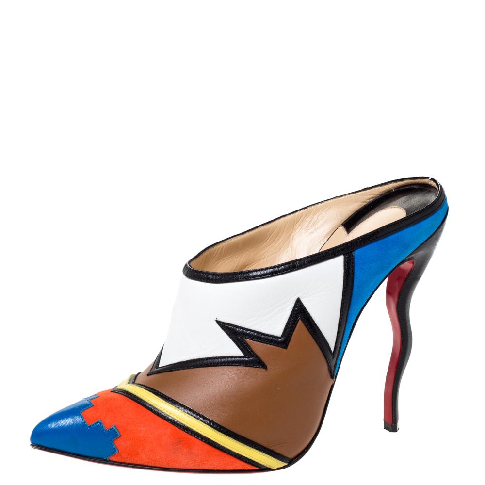 Walk out with your head and heels high when you slip on these stunning Christian Louboutin Vagachina mules. They are made from leather and suede and feature 13 cm wavy heels and a multicolored design on the pointed-toe vamps. The insoles are leather