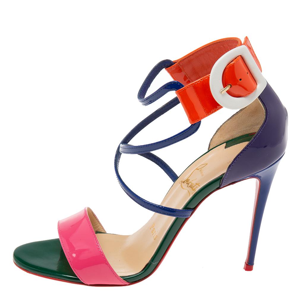 Christian Louboutin's skillful expertise in creating upscale, versatile footwear pieces can be seen in these beautiful Choca sandals. They are meticulously crafted from multicolored leather and showcase slender heels and an ankle strap. Gold-tone
