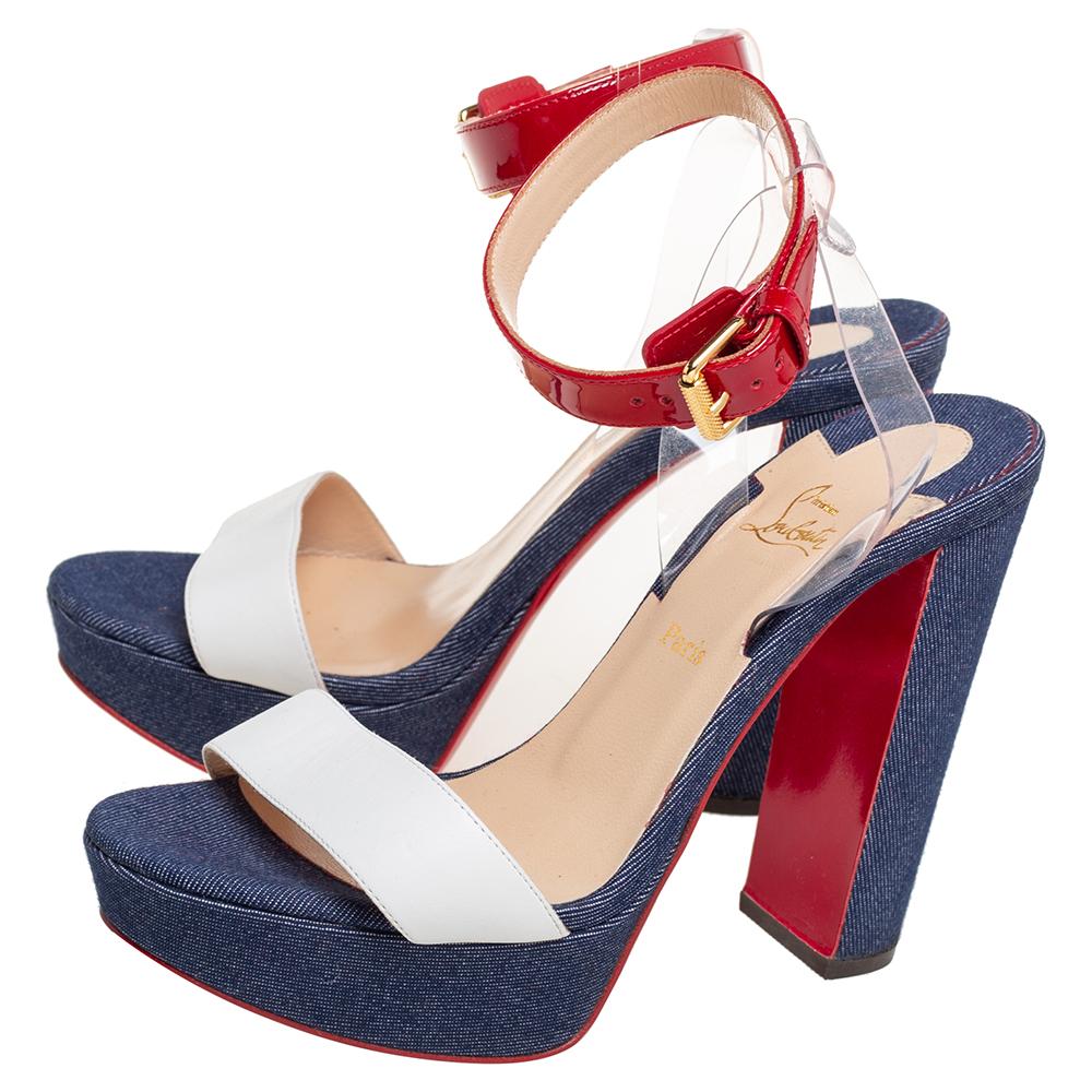 Christian Louboutin Multicolor Leather Denim Cherry Platform Sandals Size 37.5 In Excellent Condition In Dubai, Al Qouz 2