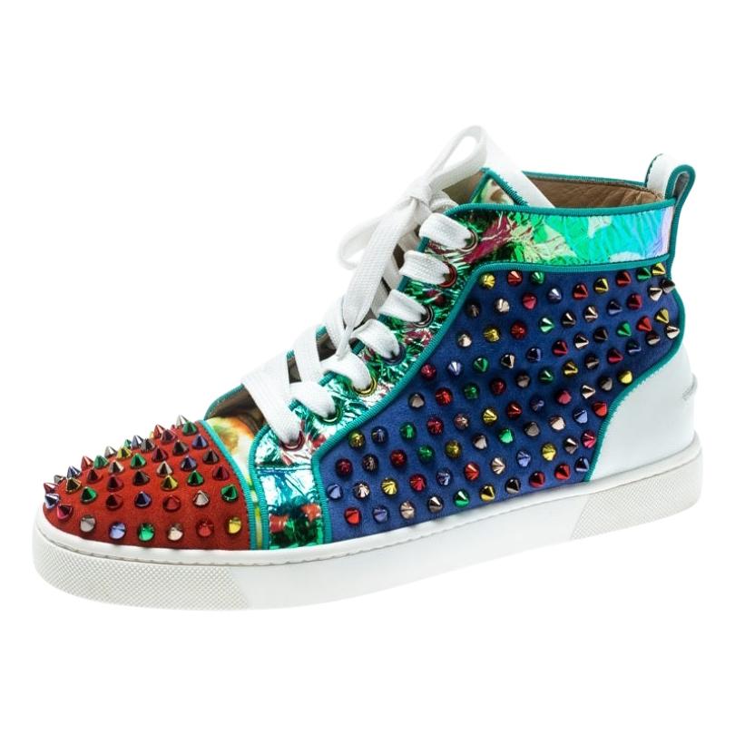 Christian Louboutin Gold/White Leather Louis Spikes High Top Trainers Size  39.5 For Sale at 1stDibs
