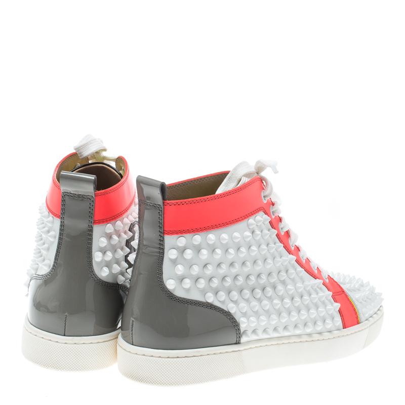 Gray Christian Louboutin Multicolor Leather Louis Spikes Lace Up High Top Sneakers Si