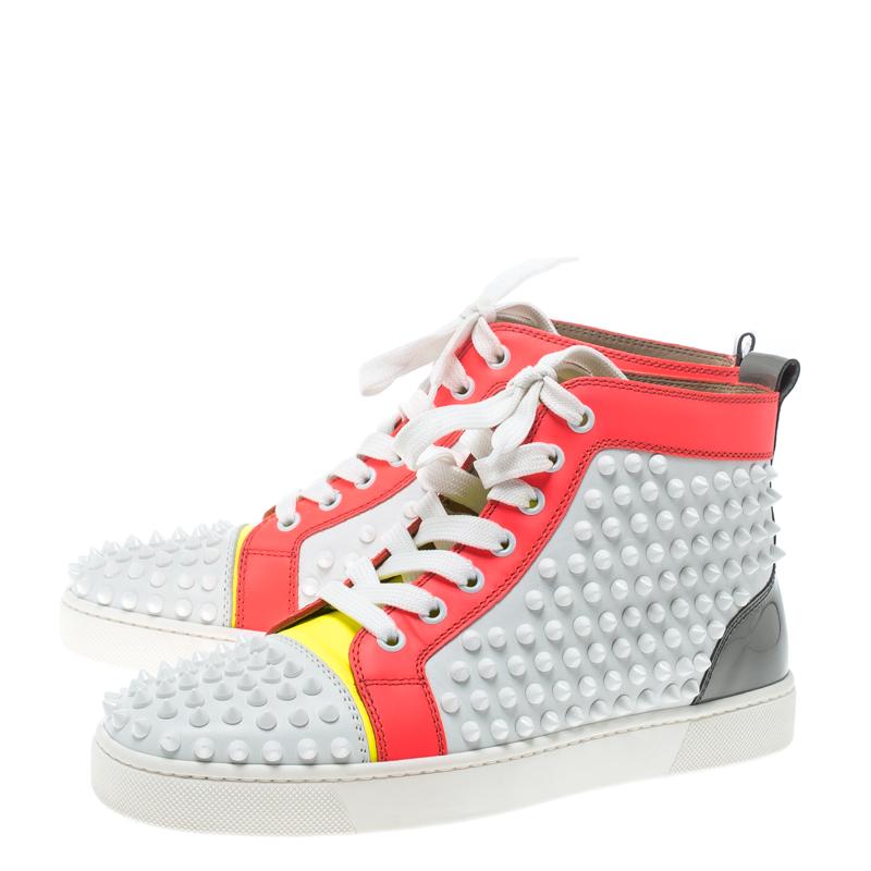 Women's Christian Louboutin Multicolor Leather Louis Spikes Lace Up High Top Sneakers Si