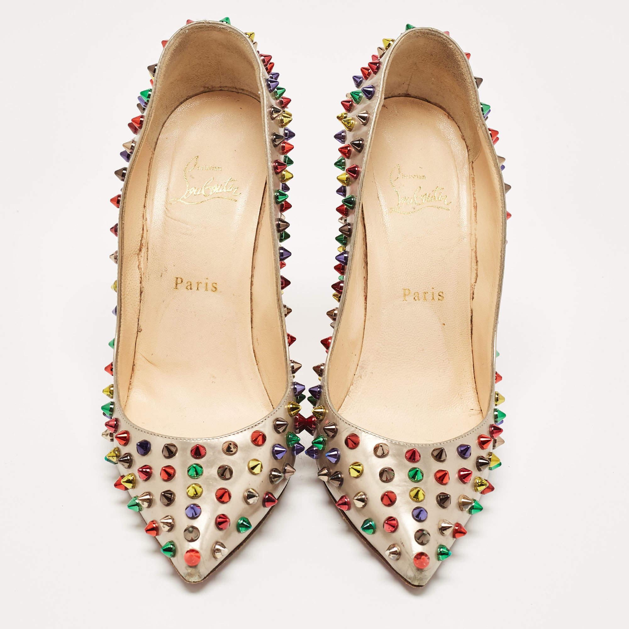 Beige Christian Louboutin escarpins Pigalle à pointes en cuir multicolore, taille 38,5 en vente