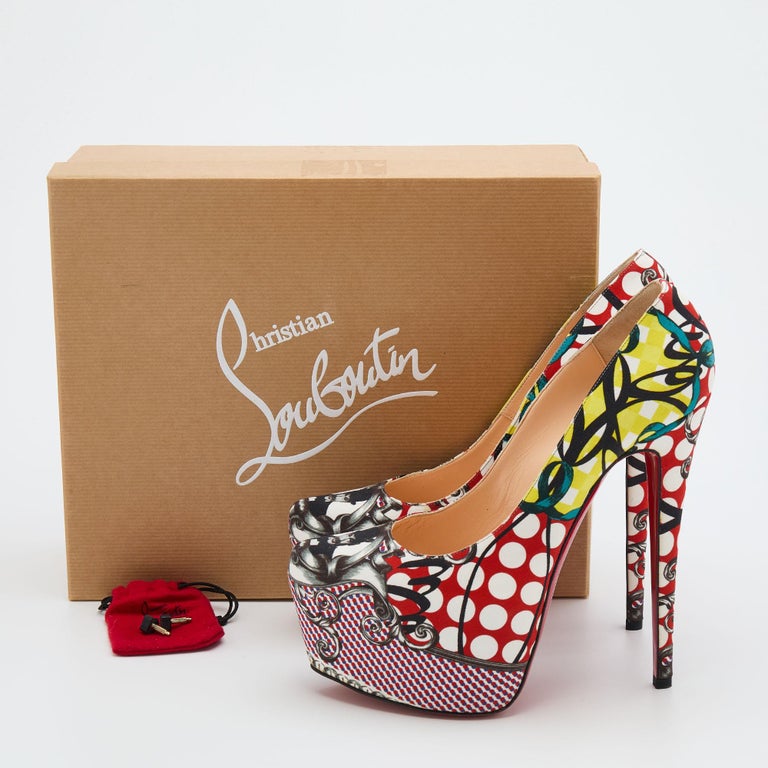 Christian Louboutin Multicolor Loubi Print Fabric Daffodile Platform Pumps Size For Sale at 1stDibs