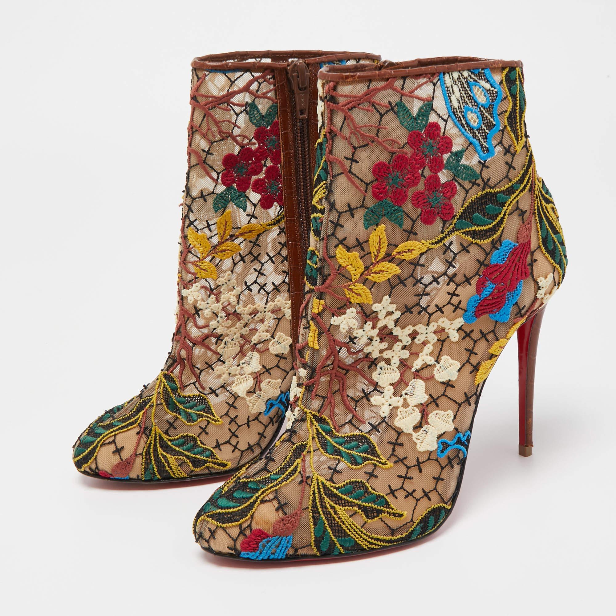 Christian Louboutin Multicolor Mesh and Croc Embossed Miss Tennis Boots Size 37 For Sale 1