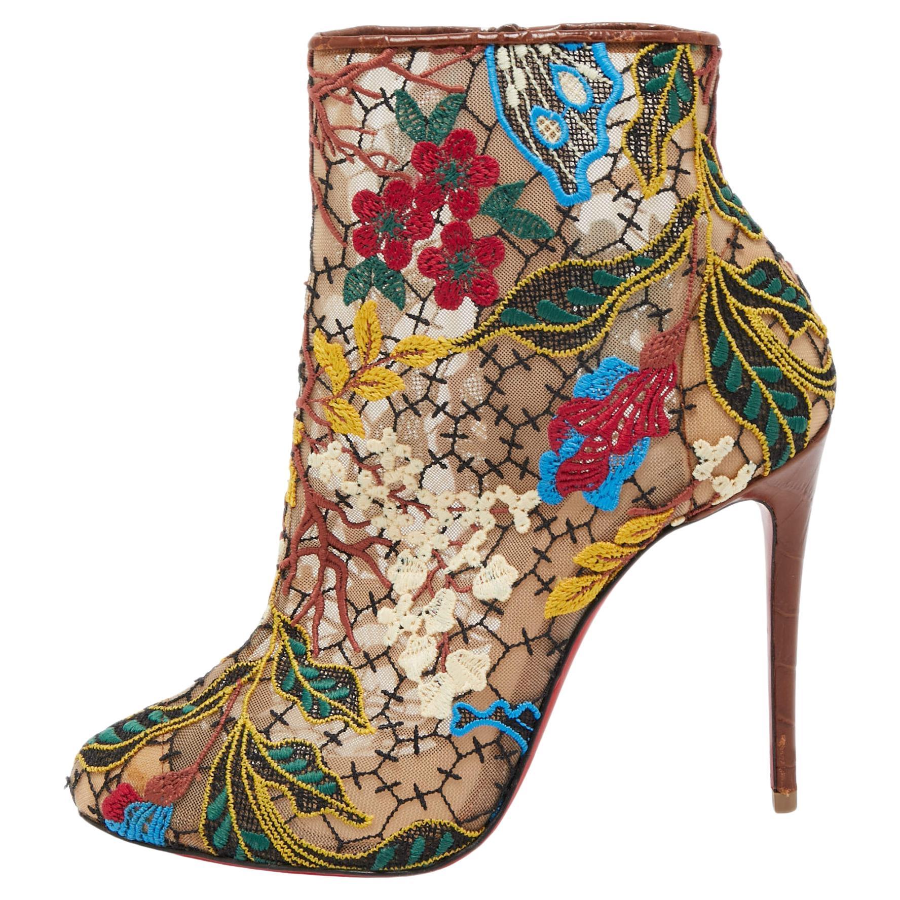 Christian Louboutin Multicolor Mesh and Croc Embossed Miss Tennis Boots Size 37 For Sale