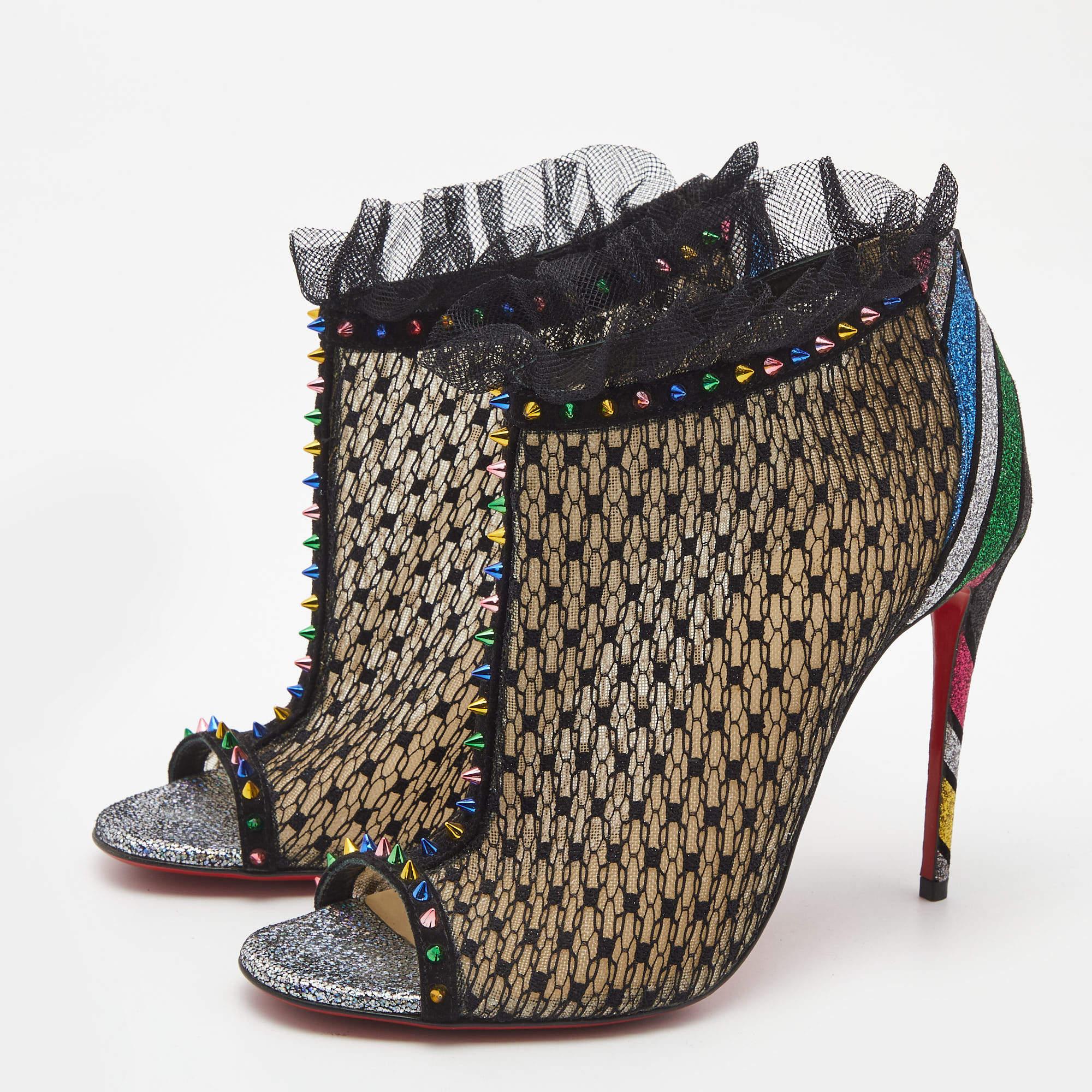 Women's Christian Louboutin Multicolor Mesh and Lace Juliettra Ankle Boots Size 37 For Sale