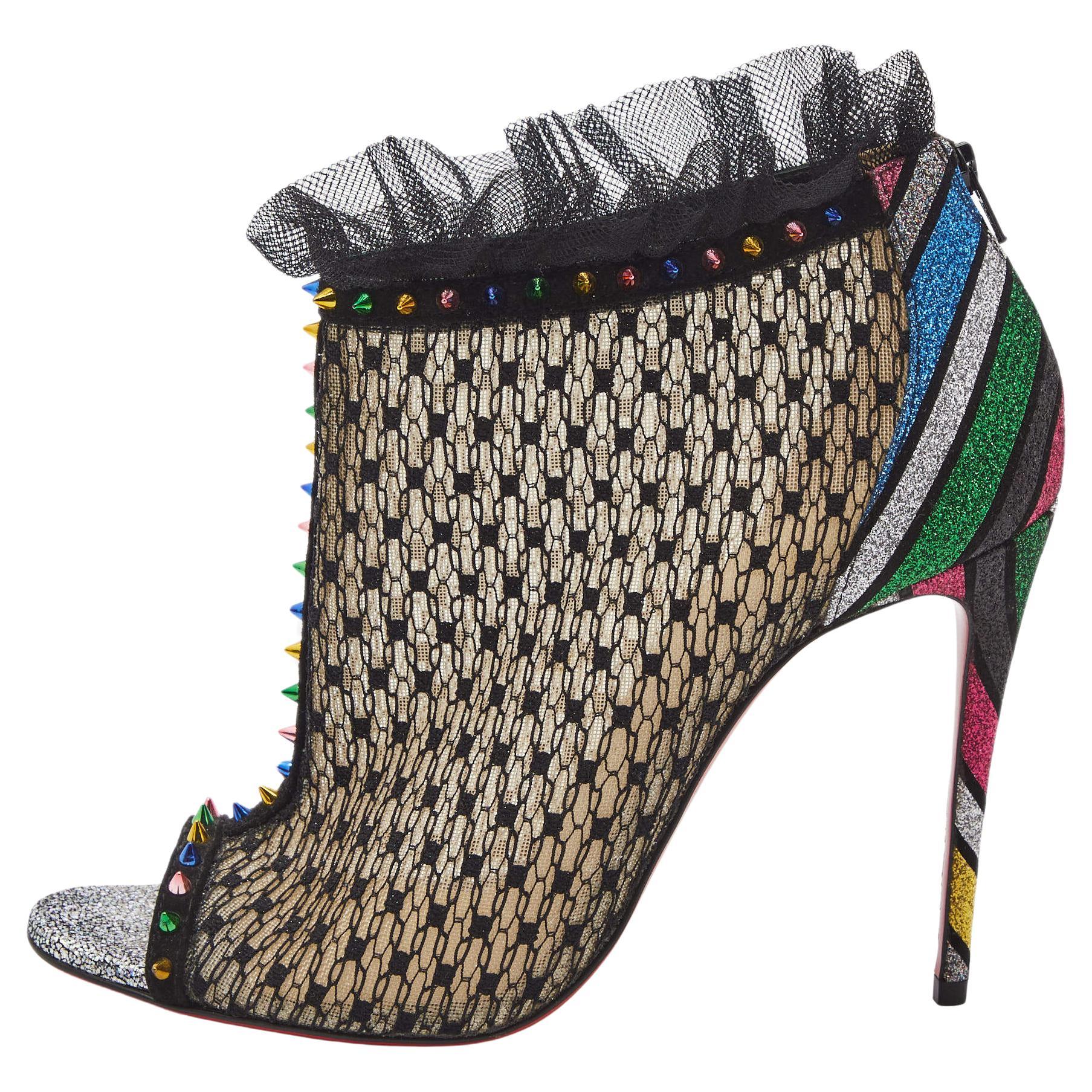 Christian Louboutin Multicolor Mesh and Lace Juliettra Ankle Boots Size 37 For Sale