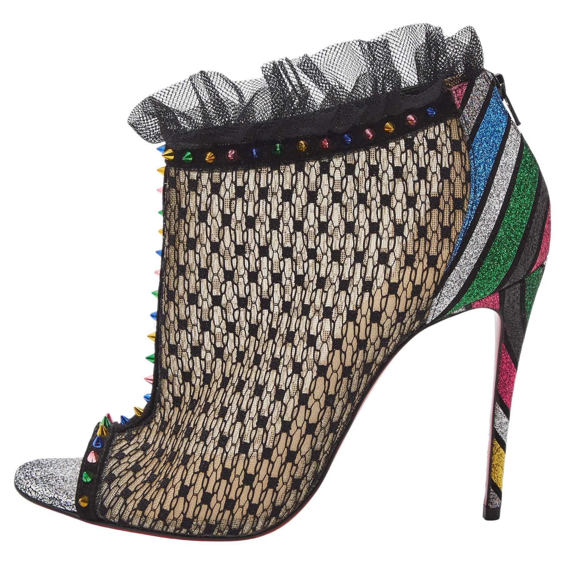 Christian Louboutin Multicolor Mesh and Lace Juliettra Ankle Boots Size 37 For Sale at 1stDibs