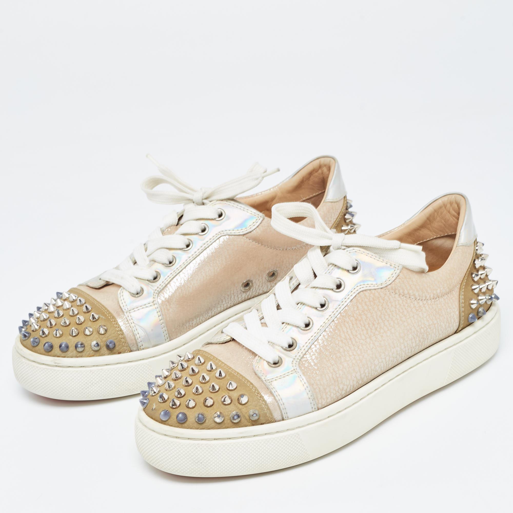 Women's Christian Louboutin Multicolor Nubuck and Leather Louis Junior Spikes Sneakers  For Sale