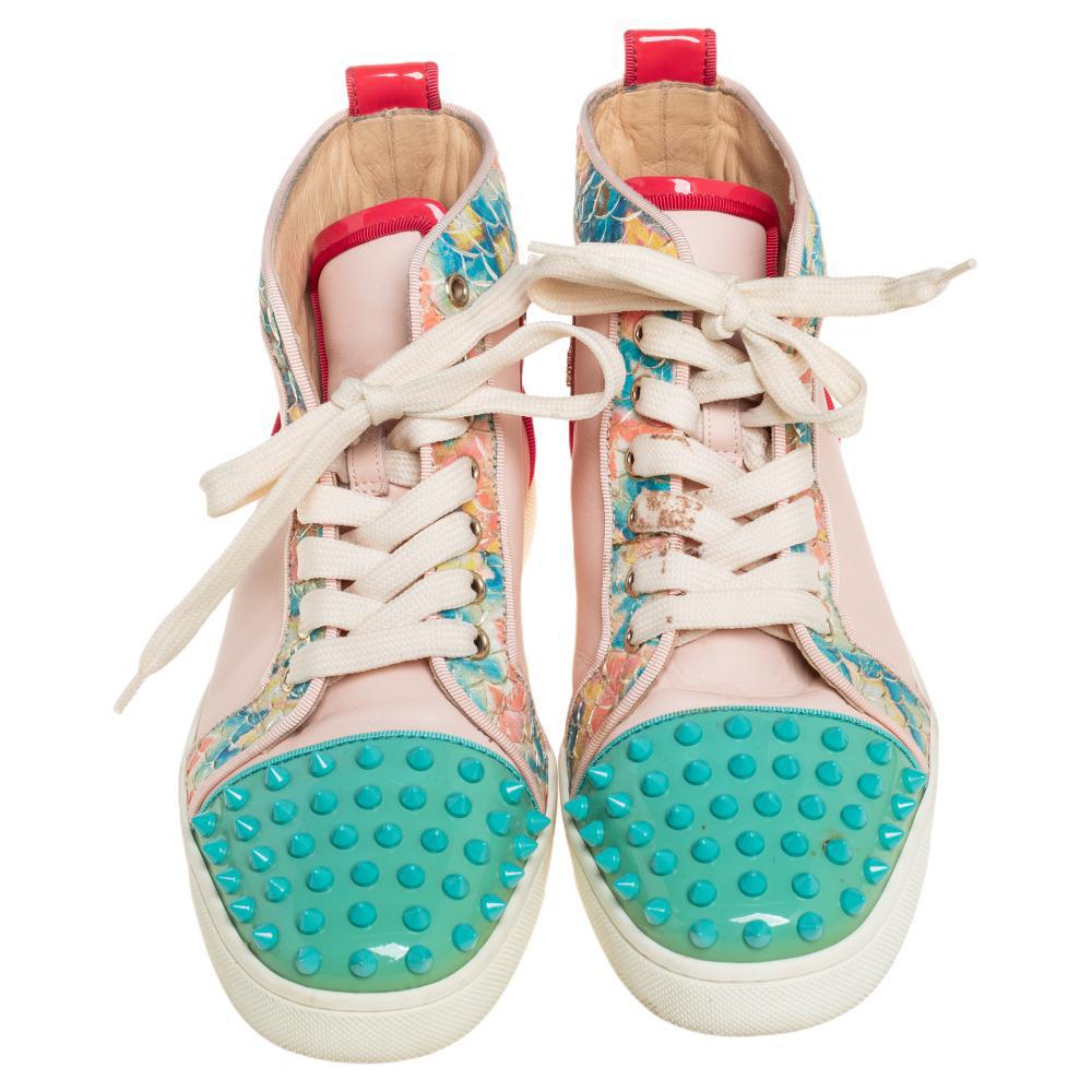 Beige Christian Louboutin Multicolor Patent And Leather Louis Spikes High-Top Sneakers