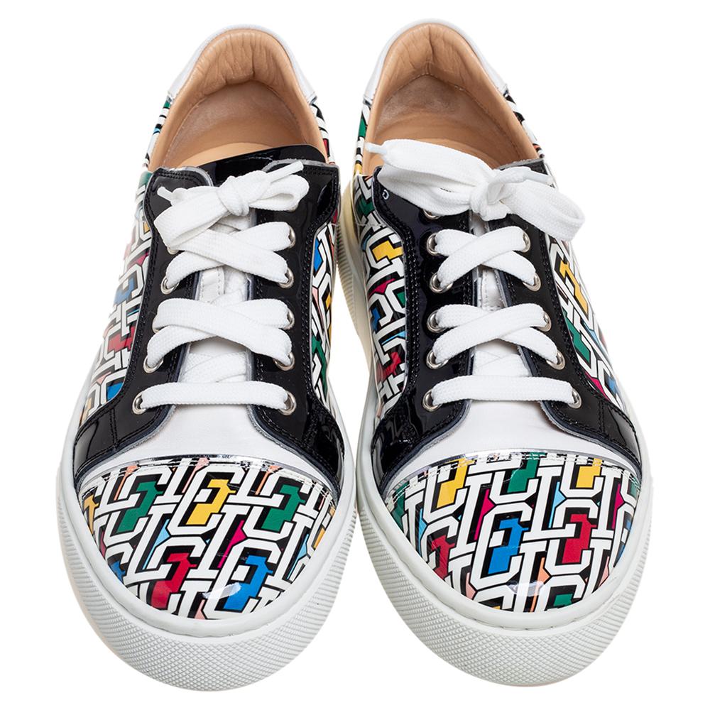 Colorful patterns act as the highlight of this pair of Christian Louboutin sneakers. The shoes are sewn using leather, secured with laces, and finished with red rubber soles.

Includes: Original Dustbag, Original Box, Extra Shoelaces