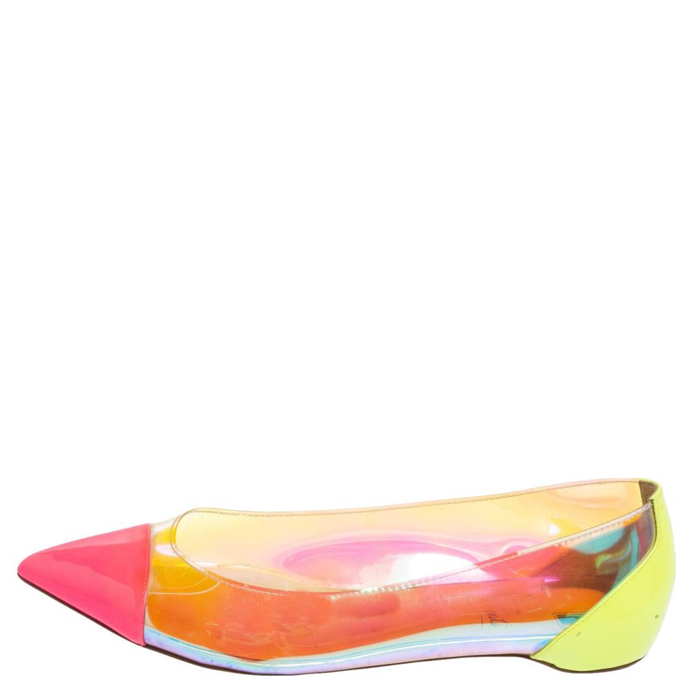 Made of patent leather and PVC, these Christian Louboutin ballet flats are beautiful in construction and appeal. They feature pointed toes, comfortable leather-lined insoles, and durable soles.