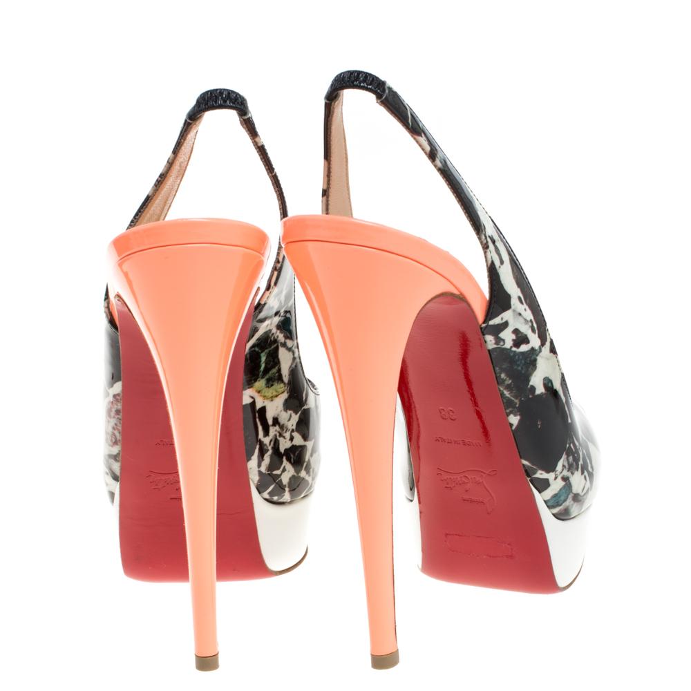 Beige Christian Louboutin Multicolor Patent Leather Lady Peep Toe Sandals Size 38