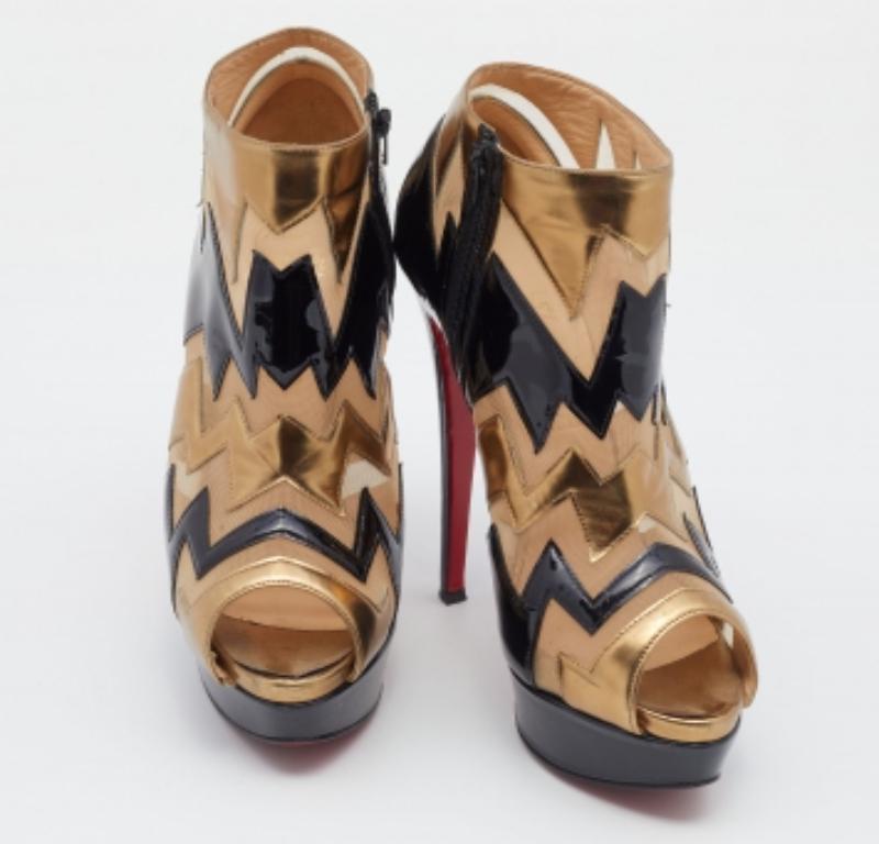 Black Christian Louboutin Multicolor Patent Leather & Mesh Peep toe Booties Size 38.5 For Sale