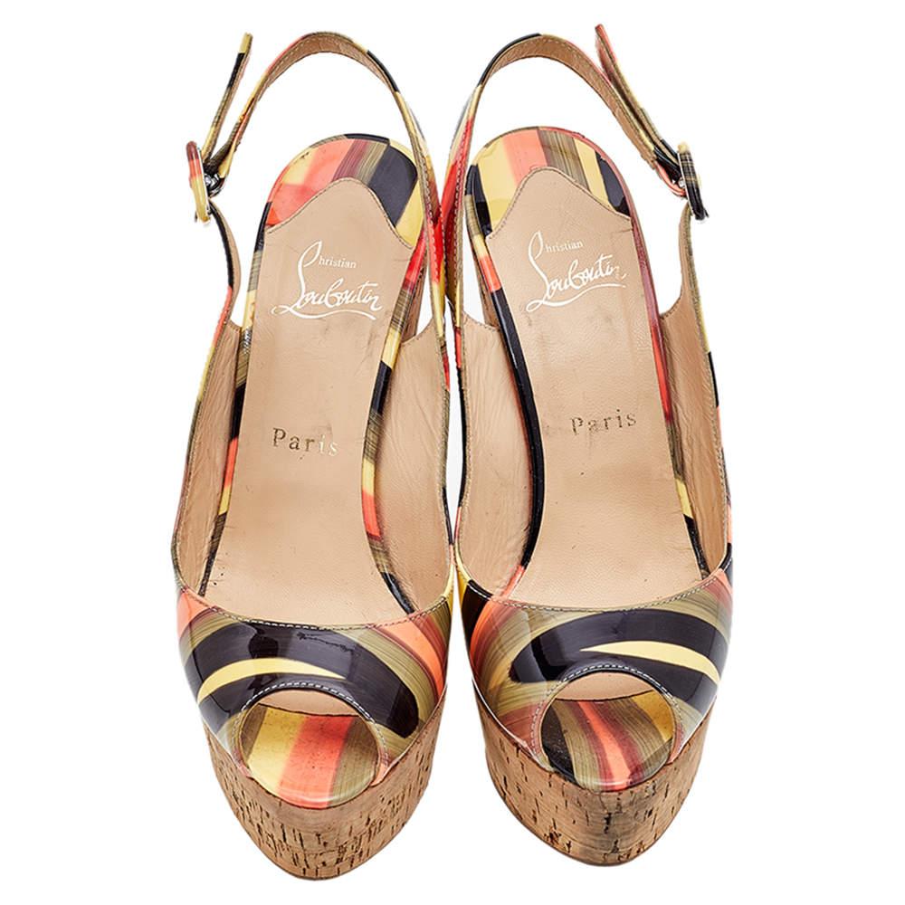 Brown Christian Louboutin Multicolor Patent Leather Plume Slingback Sandals Size 38