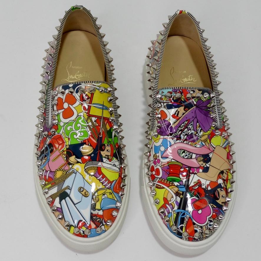 These Christian Louboutin slip-on 'boat' style sneakers are so vibrant and playful! Patent leather is adorned with a colorful graphic inspired by Japanese pop culture and is contrasted by Christian Louboutin's signature stud motif. These are the