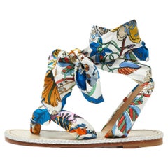 Christian Louboutin Multicolor Printed Silk Nilloofar Ankle Wrap Flat Sandals Si