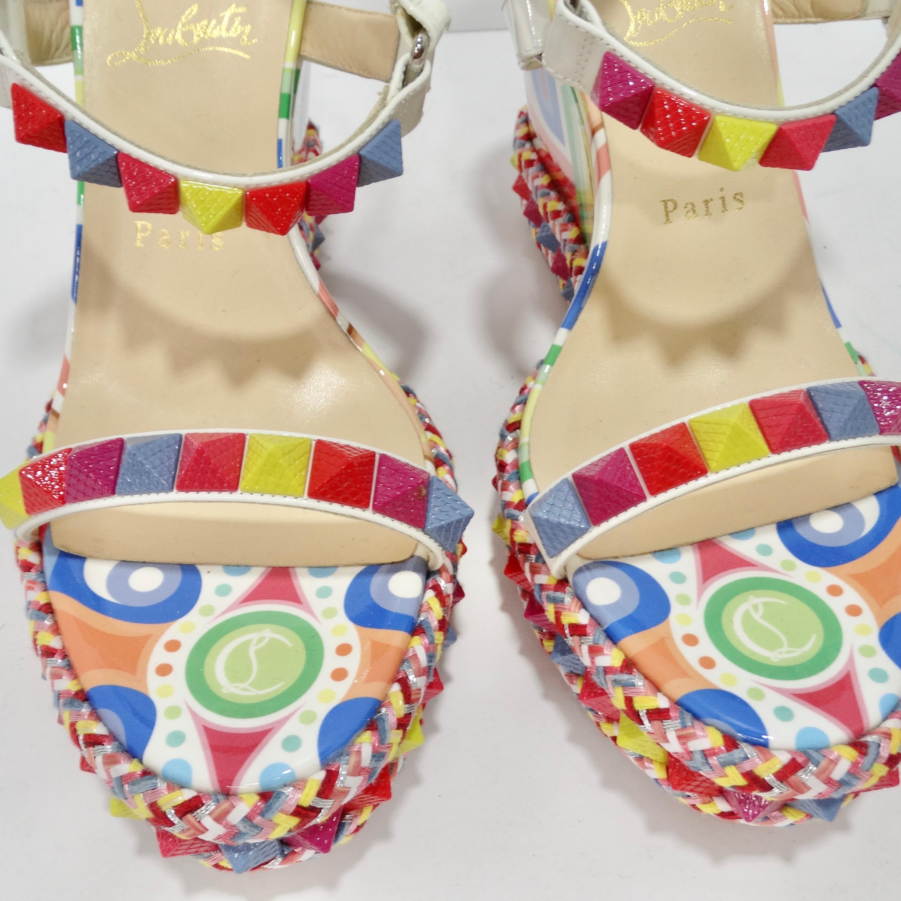 Beige Christian Louboutin Multicolor Printed Stud Wedges  For Sale