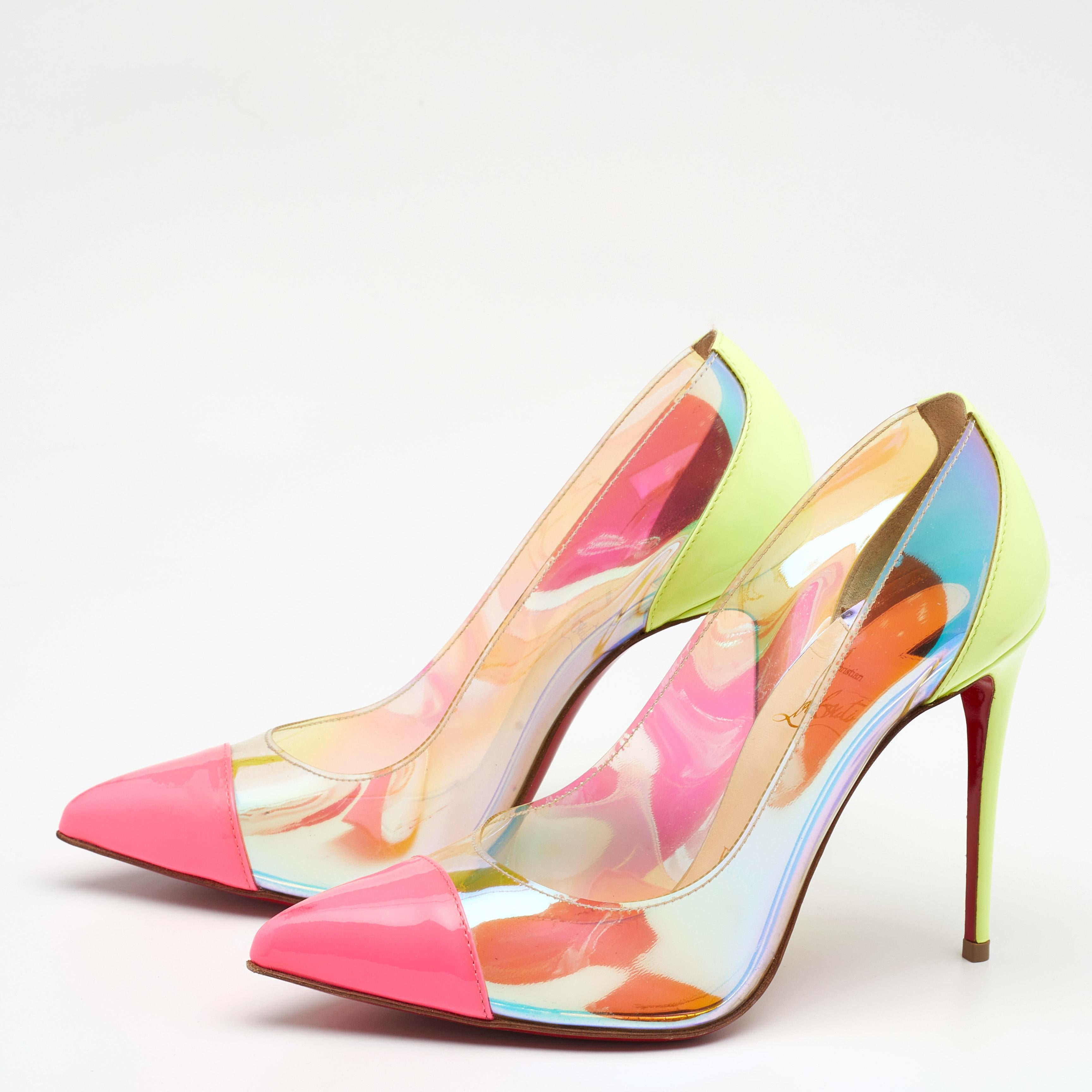 Take every step with elegance and style in these pumps from the House of Christian Louboutin. They are crafted meticulously using multicolored PVC and patent leather. They showcase pointed toes, a slip-on style, and slim heels. These beautiful CL