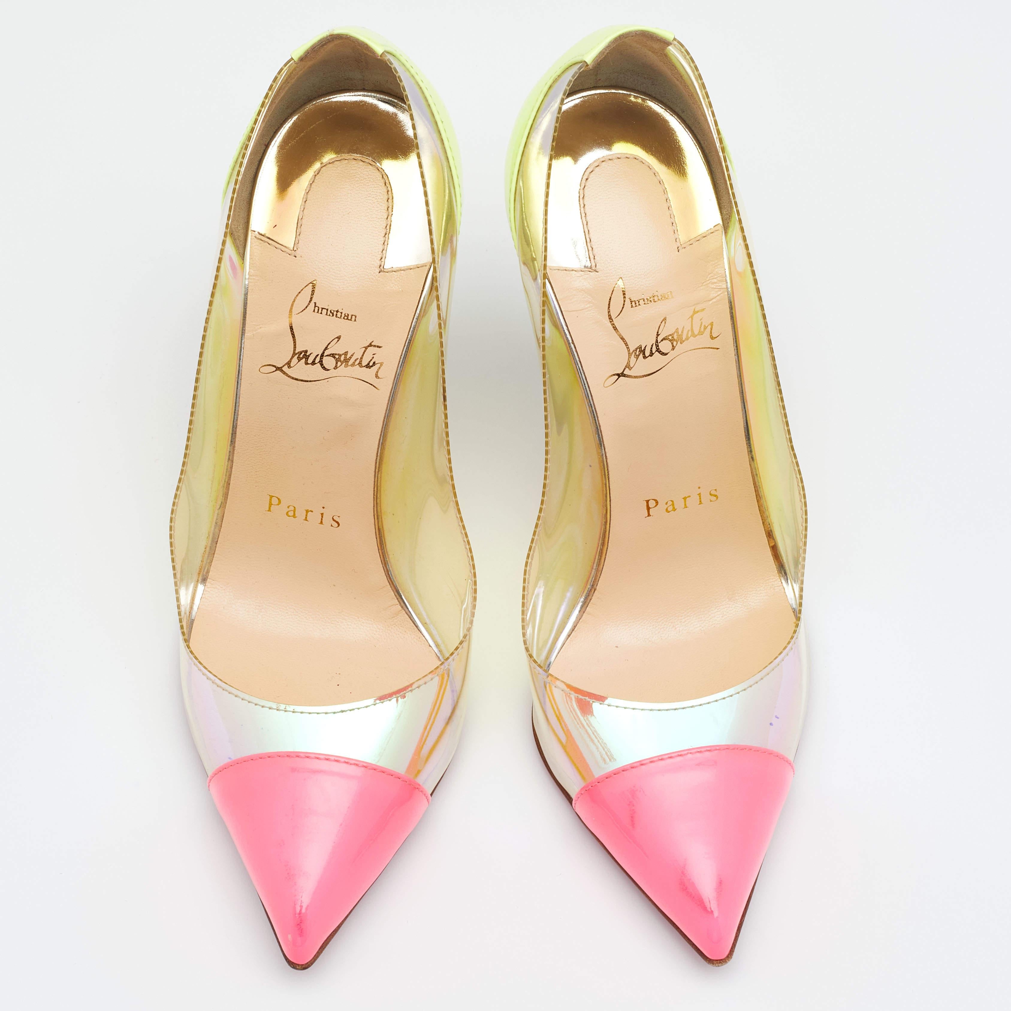 Take every step with elegance and style in these pumps from the House of Christian Louboutin. They are crafted meticulously using multicolored PVC and patent leather. They showcase pointed toes, a slip-on style, and slim heels. These beautiful CL