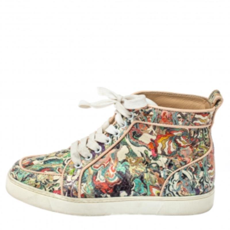 Beige Christian Louboutin Multicolor Python Faience Rantus High Top Sneakers Size 35.5 For Sale