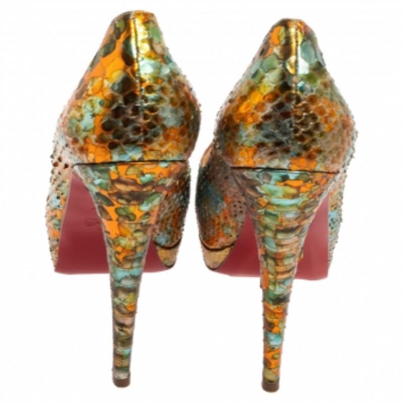 Brown Christian Louboutin Multicolor  Python Leather Peep Toe Pumps Size 39 For Sale