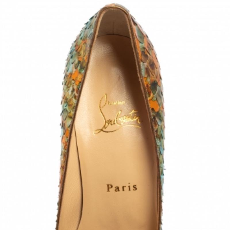 Women's Christian Louboutin Multicolor  Python Leather Peep Toe Pumps Size 39 For Sale