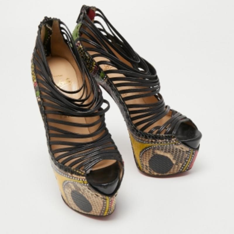 Christian Louboutin Multicolor Python Leather Zoulou Strappy Pumps Size 37.5 In Good Condition For Sale In Dubai, Al Qouz 2