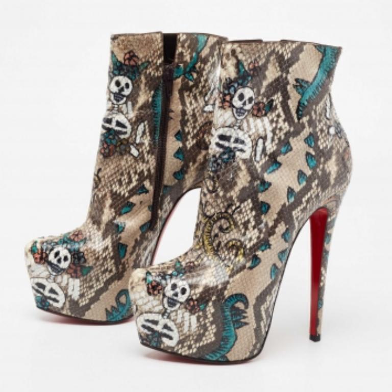 Gray Christian Louboutin Multicolor Python Skull Mexico Daf Ankle Boots Size 38 For Sale