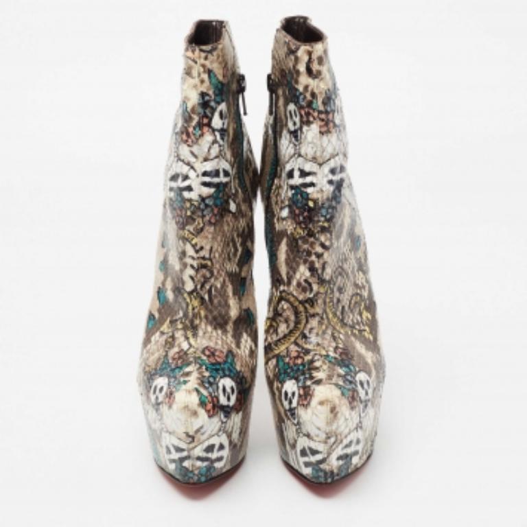 Women's Christian Louboutin Multicolor Python Skull Mexico Daf Ankle Boots Size 38 For Sale