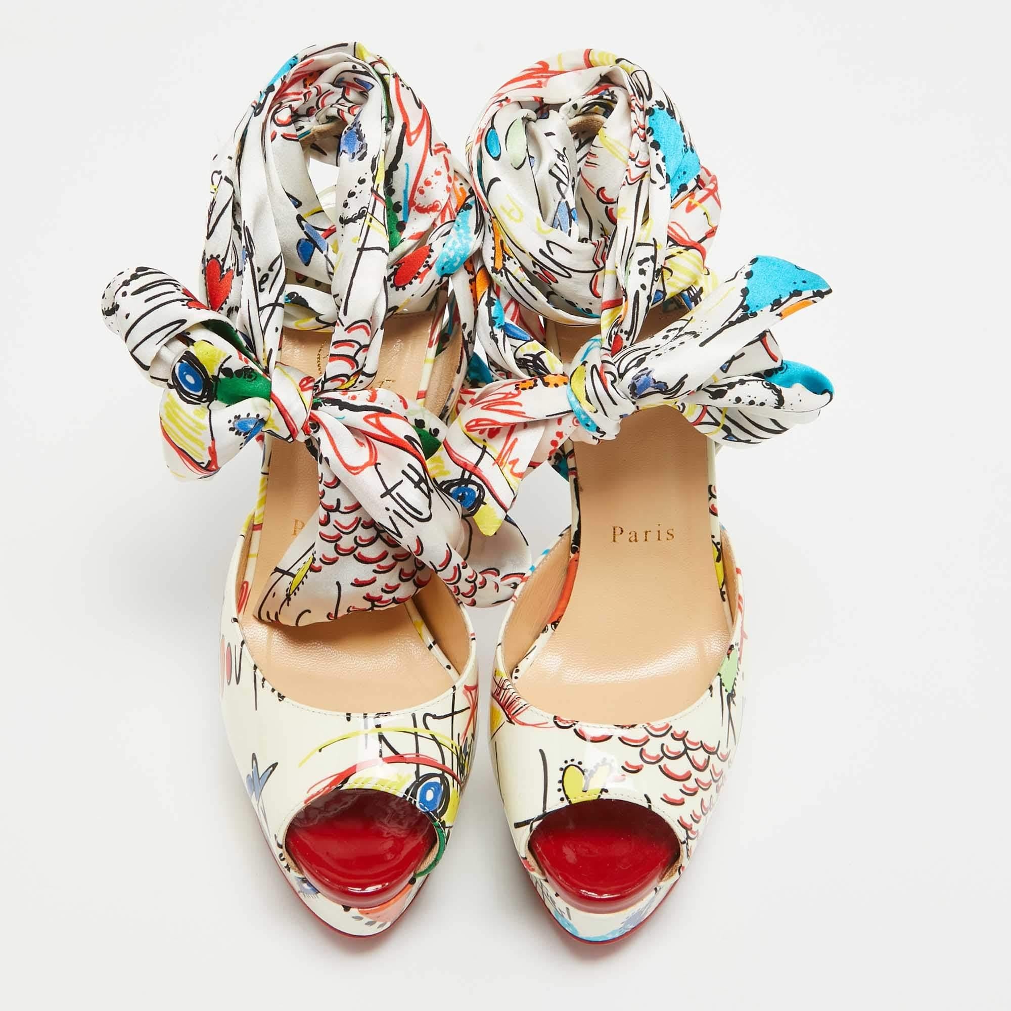 Beige Christian Louboutin Multicolor Satin Jersey Vamp Graffiti Sandals Size 38