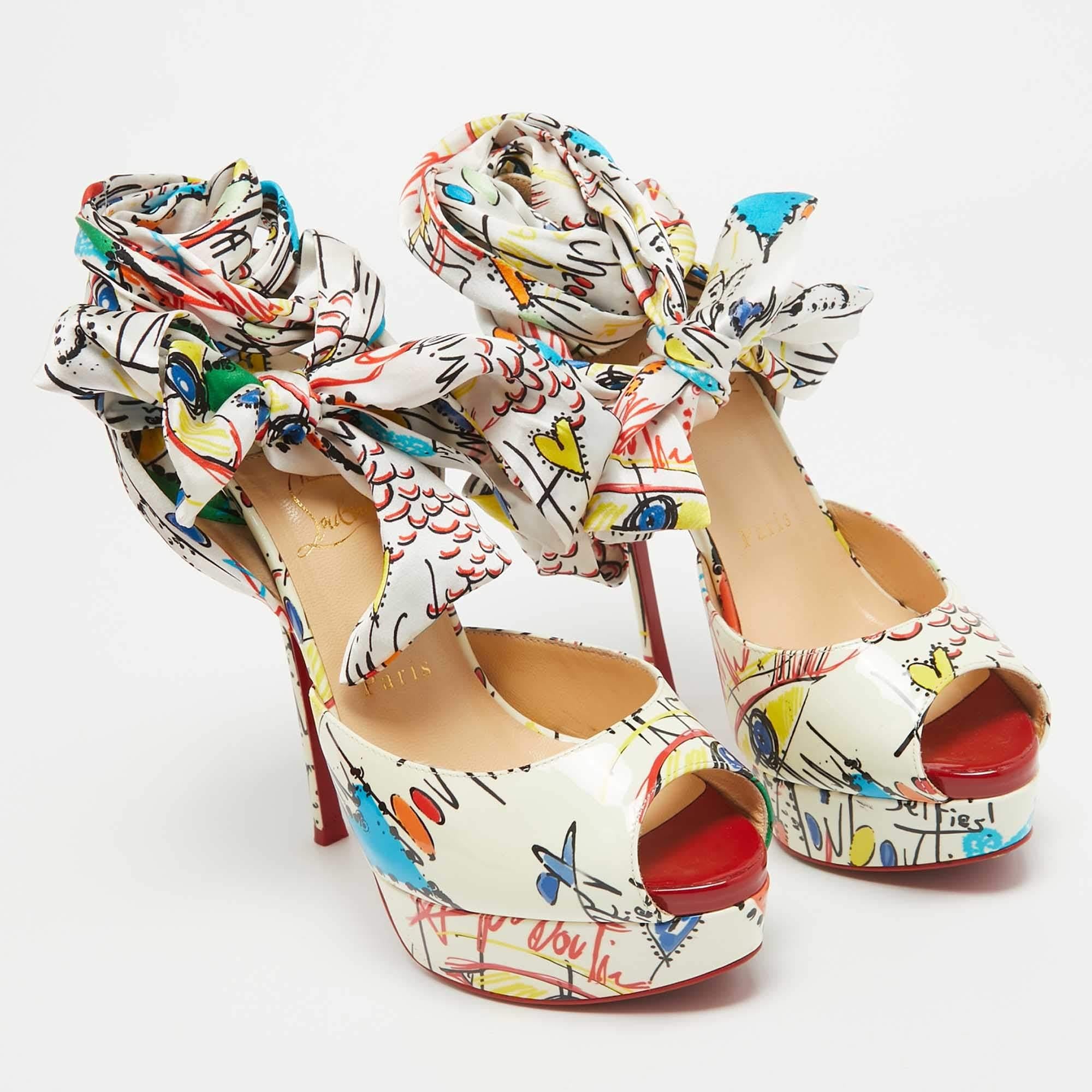 Christian Louboutin Multicolor Satin Jersey Vamp Graffiti Sandals Size 38 In Excellent Condition In Dubai, Al Qouz 2