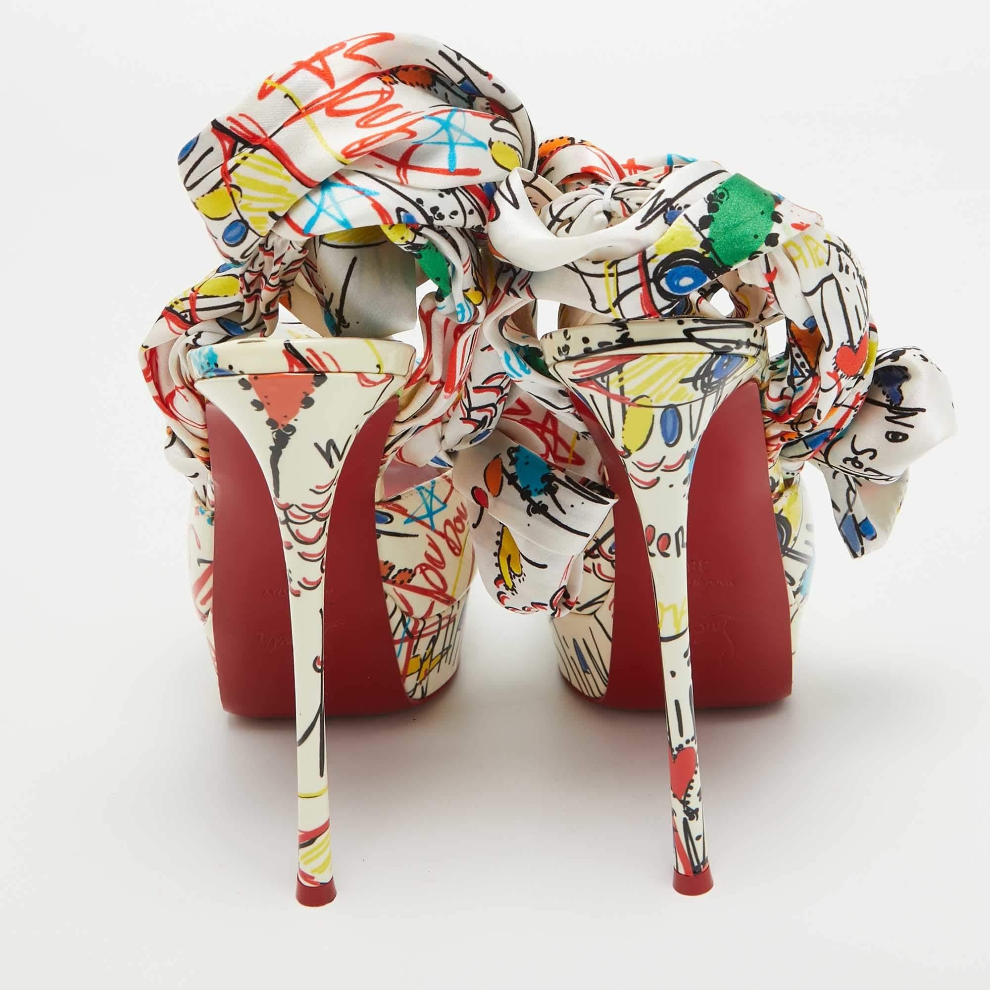 Women's Christian Louboutin Multicolor Satin Jersey Vamp Graffiti Sandals Size 38