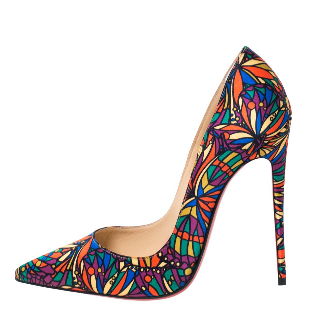 Christian Louboutin's one of the most loved styles is So Kate, named after English model and actress, Kate Moss. These So Kate pumps come in multicolored hues and are rendered in printed satin, flaunting well-cut vamps and high stiletto heels that