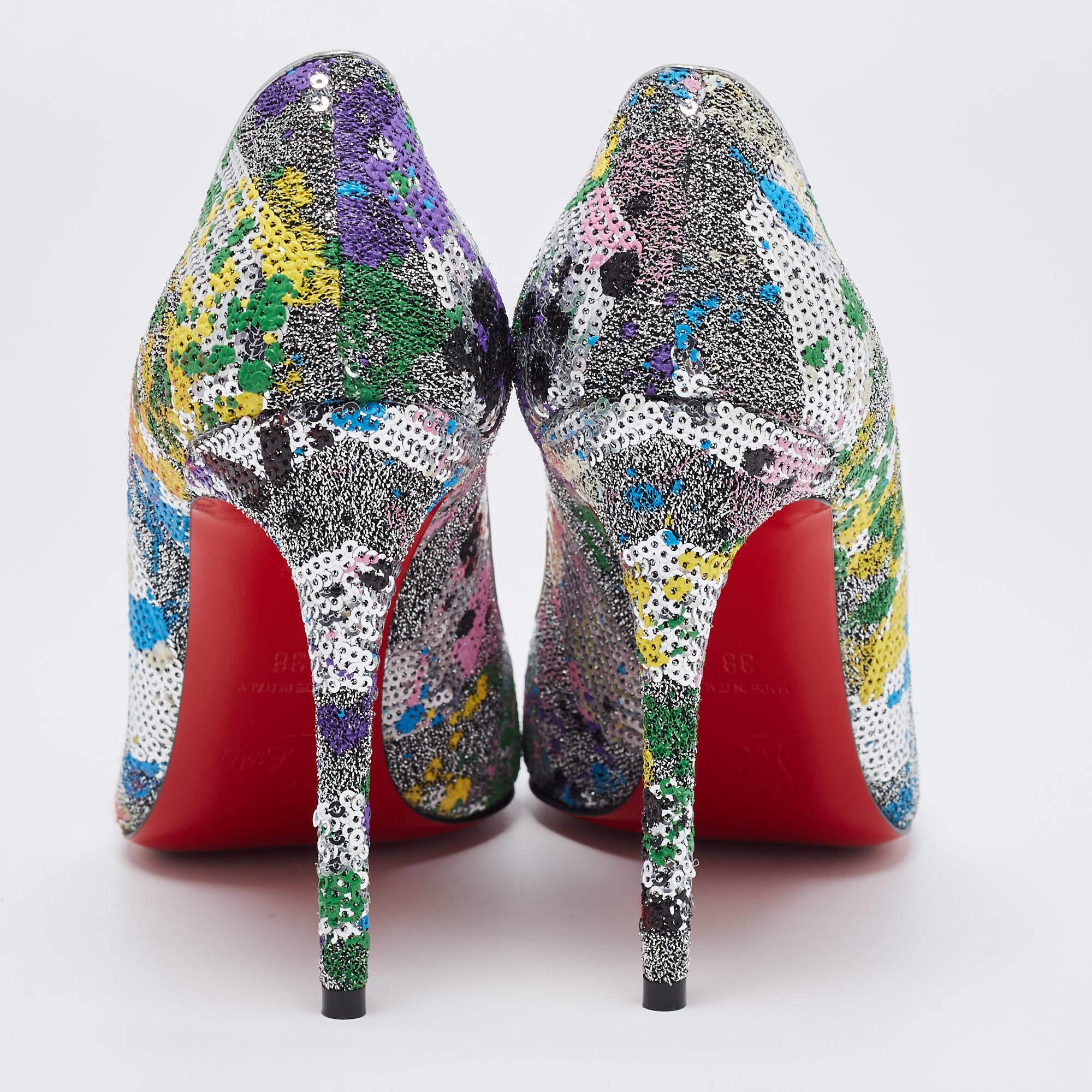 Christian Louboutin Multicolor Sequins and Brocade Pointed Toe Pumps Size 38 In Excellent Condition In Dubai, Al Qouz 2