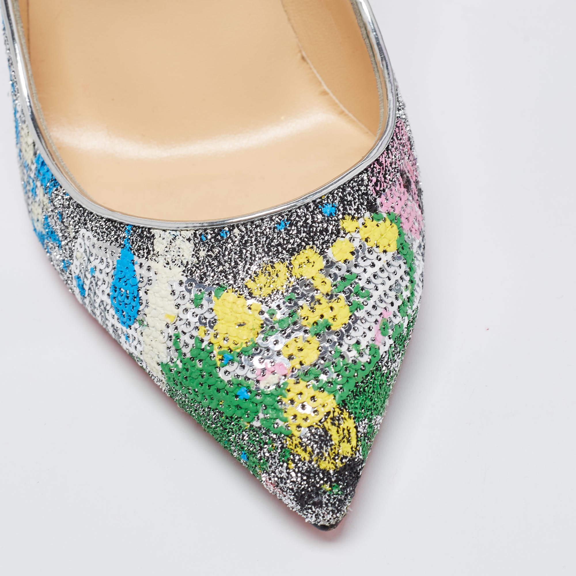 Christian Louboutin Multicolor Sequins and Brocade Pointed Toe Pumps Size 38 2
