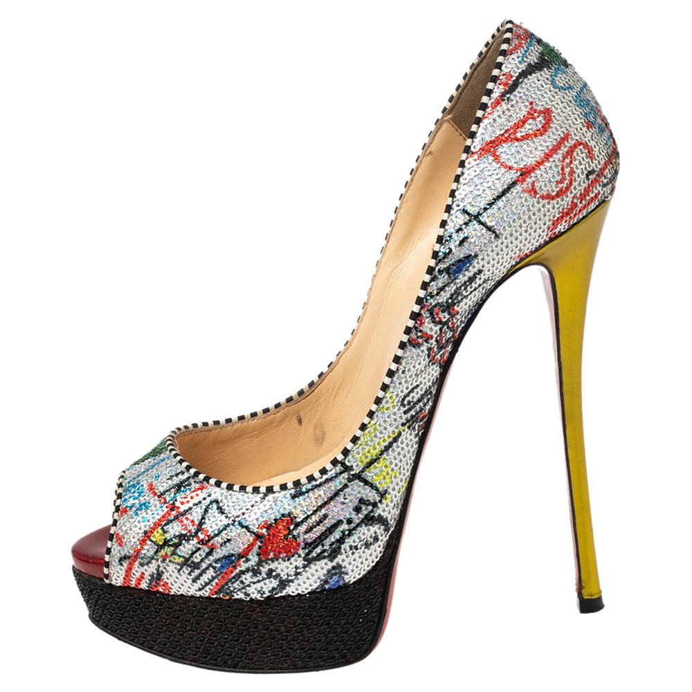 Women's Christian Louboutin Multicolor Sequins Fabric Fetish Peep-Toe Pumps Size 38.5