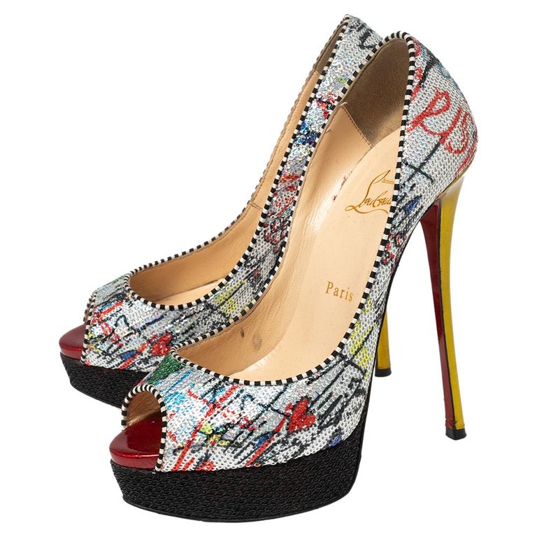 Christian Louboutin Multicolor Sequins Fabric Fetish Peep-Toe Pumps Size  38.5 For Sale at 1stDibs