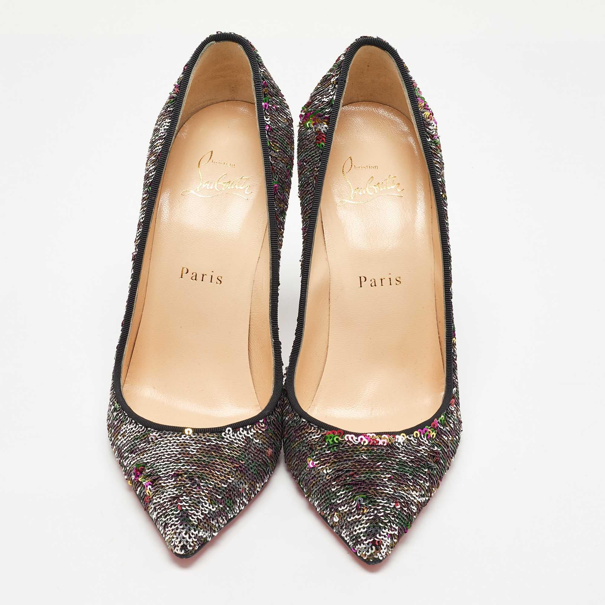 The architectural silhouette and contemporary design of this pair of Christian Louboutin pumps exemplify the brand's mastery in the art of stiletto making. Finely created from multicolored sequins, it stands elegantly on 11cm heels. The signature